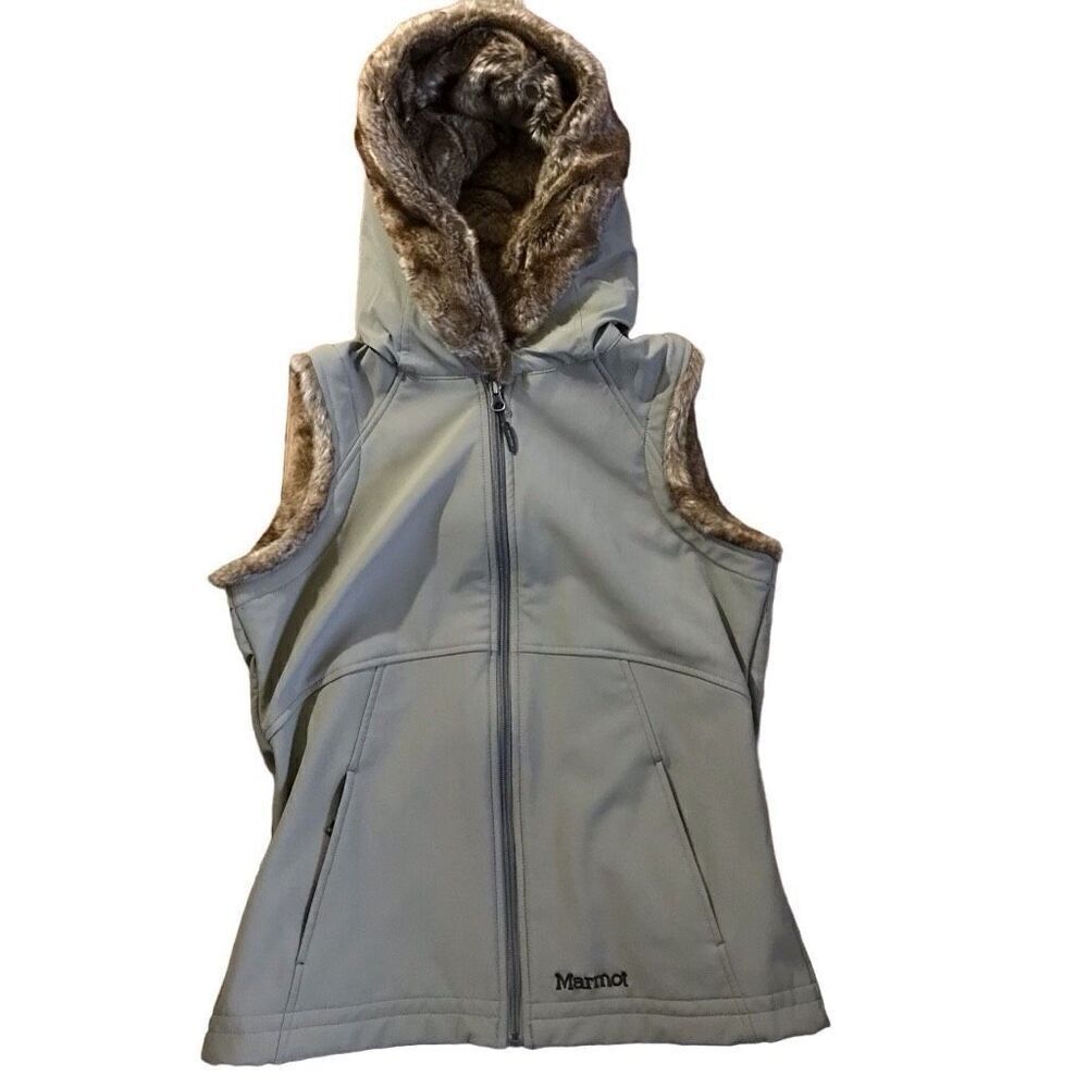 Marmot zip front Vest hooded size M outdoors hiking casual faux fur tan